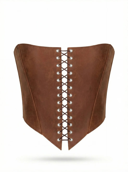 Cognac Leather corset top, overbust corset for rave outfit