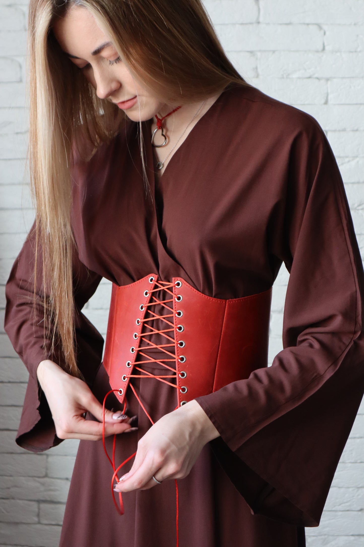 Red Leather underbust corset belt, Renaissance outfit
