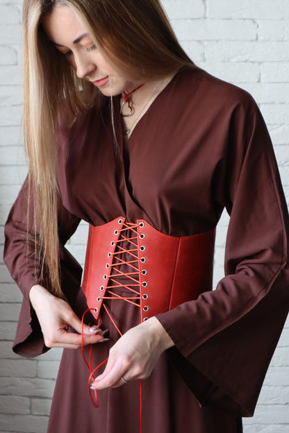 Red Leather underbust corset belt, Renaissance outfit