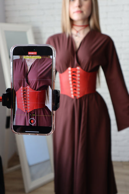 Red Leather underbust corset belt, Renaissance outfit