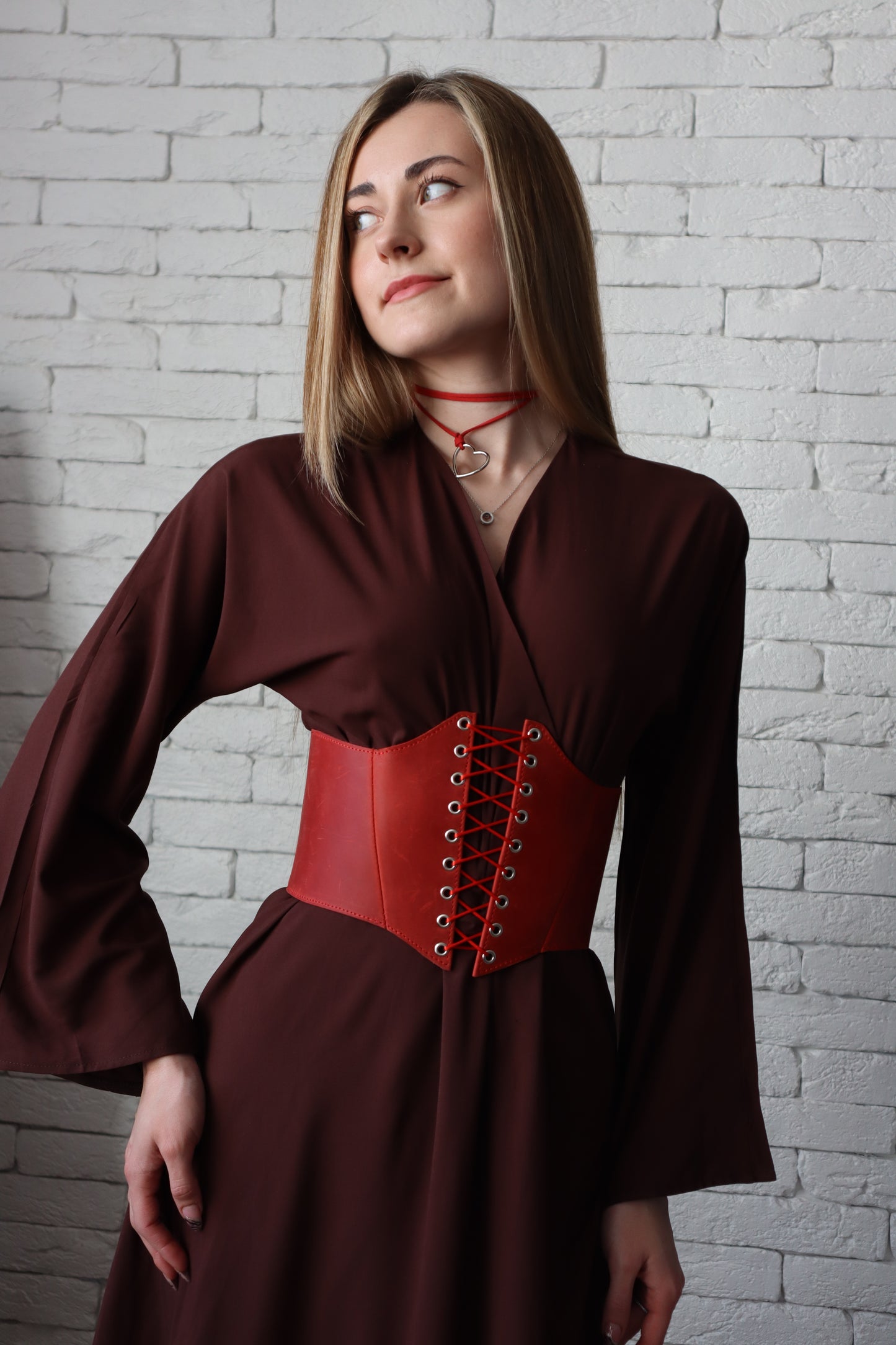 Red Leather underbust corset belt, Renaissance outfit