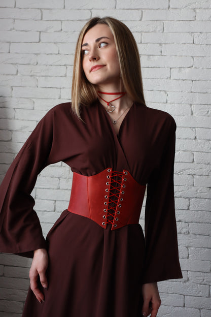 Red Leather underbust corset belt, Renaissance outfit