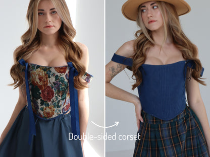 Renaissance corset top, reversible floral jacquard tapestry, boned bodice, off shoulder design, lace up back, structured waist shaping corset, ribbon strap detail, custom size handmade corset, renaissance fair outfit, festival look, gothic romantic evening styling, photoshoot or wedding corset