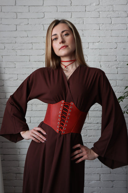 Red Leather underbust corset belt, Renaissance outfit