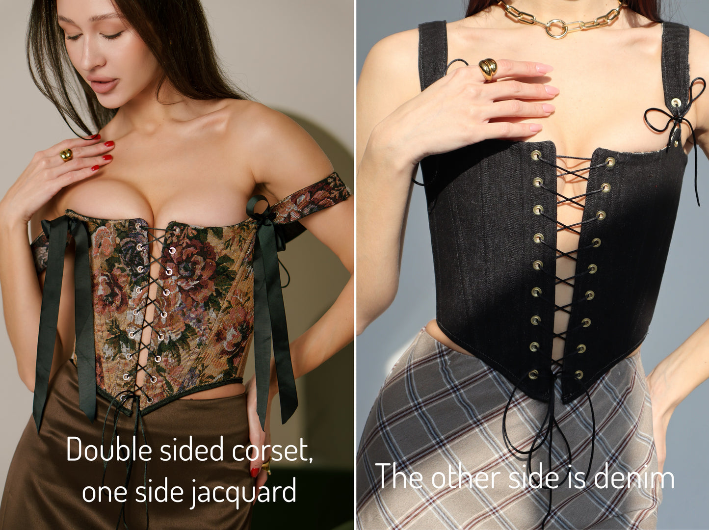 brown flowers corset top, reversible corset top, floral corset, brown floral corset, black denim corset, lace up corset, lace up front and back, boned bustier, structured corset top, jacquard corset top, adjustable corset top, vintage inspired corset, statement corset top