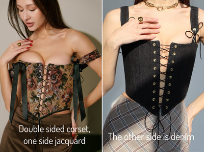 brown flowers corset top, reversible corset top, floral corset, brown floral corset, black denim corset, lace up corset, lace up front and back, boned bustier, structured corset top, jacquard corset top, adjustable corset top, vintage inspired corset, statement corset top