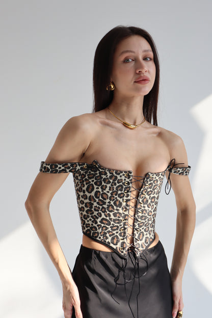 leopard print corset top, reversible corset top, leopard corset, animal print corset, denim corset, black denim corset, lace up corset, lace up front and back, boned bustier, structured corset top, jacquard corset top, adjustable corset top, statement corset top