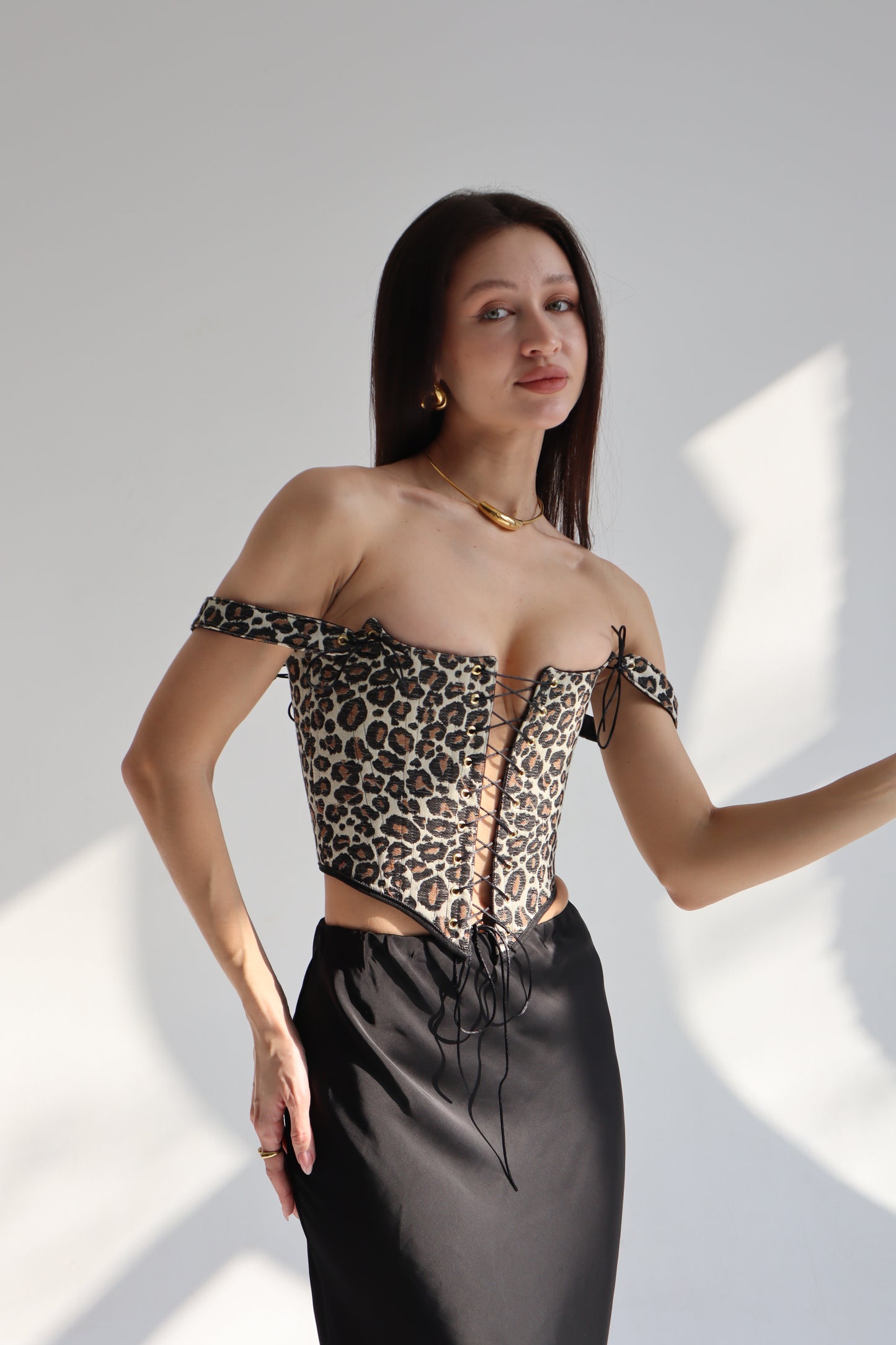leopard print corset top, reversible corset top, leopard corset, animal print corset, denim corset, black denim corset, lace up corset, lace up front and back, boned bustier, structured corset top, jacquard corset top, adjustable corset top, statement corset top