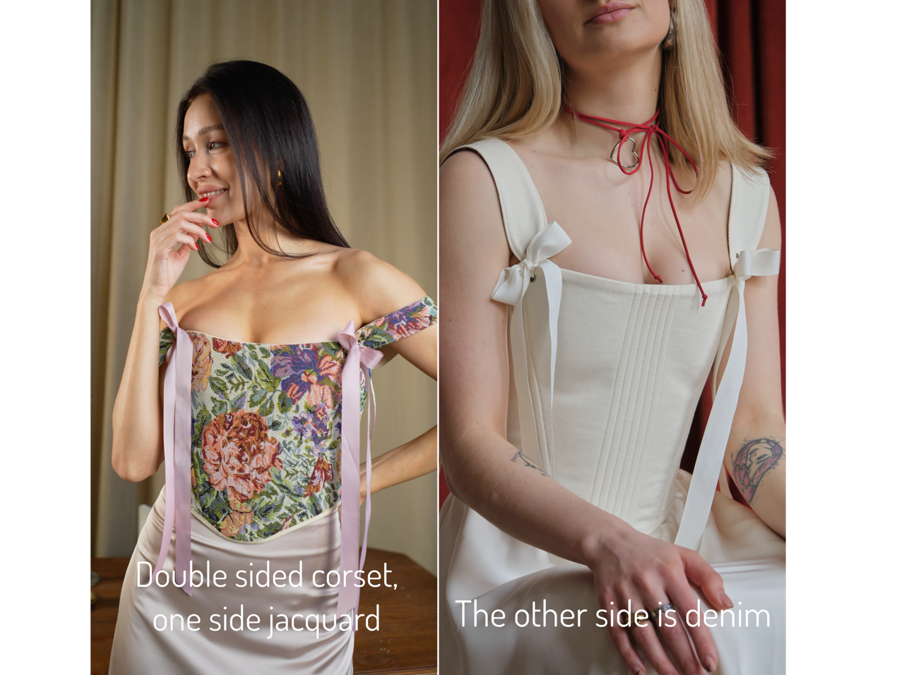 Green floral corset top, structured boned bodice, reversible lace up corset, off shoulder ribbon straps, waist shaping silhouette, handmade custom size corset, renaissance fair outfit, botanical tapestry top, romantic evening styling
