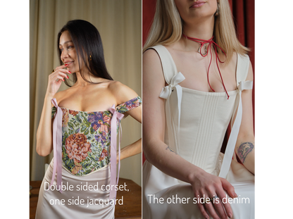 Green floral corset top, structured boned bodice, reversible lace up corset, off shoulder ribbon straps, waist shaping silhouette, handmade custom size corset, renaissance fair outfit, botanical tapestry top, romantic evening styling
