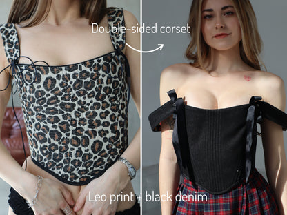 Leopard print corset top, structured boned bodice, reversible lace up corset, off shoulder ribbon straps, waist shaping silhouette, handmade custom size corset, statement festival outfit, gothic street style, bold evening look
