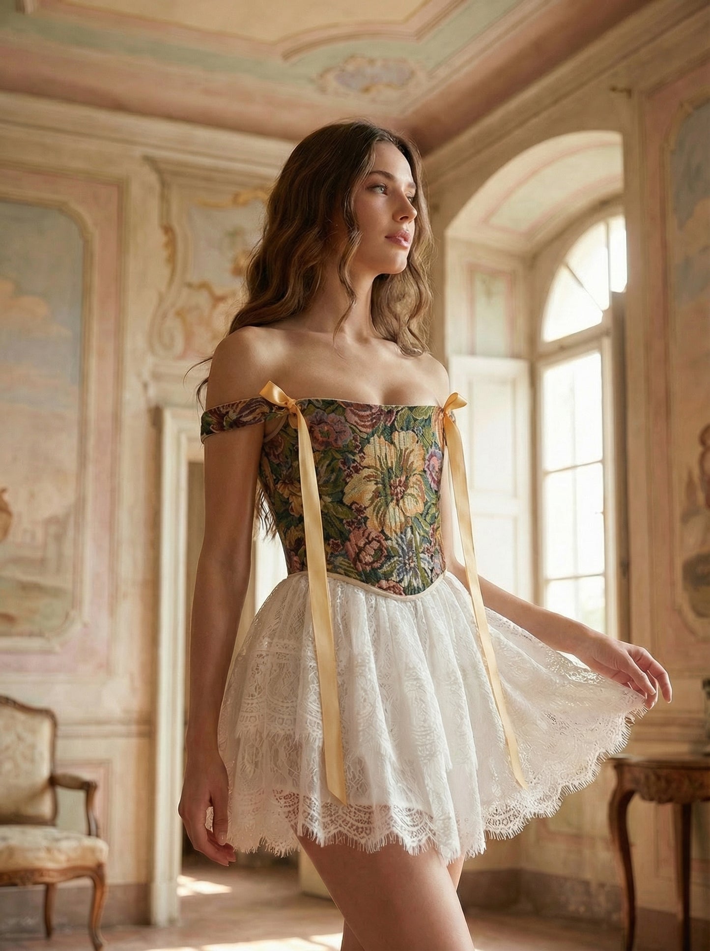 Khaki floral corset top, structured boned bodice, reversible lace up corset, off shoulder ribbon straps, waist shaping silhouette, handmade custom size corset, renaissance fair outfit, vintage botanical tapestry top, festival or evening styling
