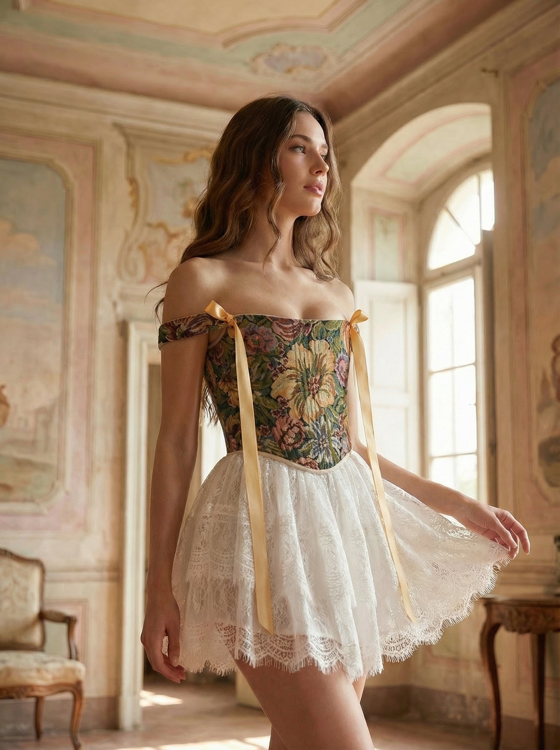 Khaki floral corset top, structured boned bodice, reversible lace up corset, off shoulder ribbon straps, waist shaping silhouette, handmade custom size corset, renaissance fair outfit, vintage botanical tapestry top, festival or evening styling
