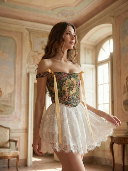 Khaki floral corset top, structured boned bodice, reversible lace up corset, off shoulder ribbon straps, waist shaping silhouette, handmade custom size corset, renaissance fair outfit, vintage botanical tapestry top, festival or evening styling
