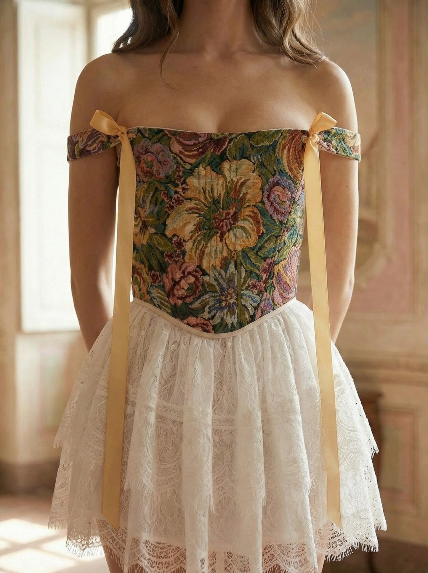 Khaki floral corset top, structured boned bodice, reversible lace up corset, off shoulder ribbon straps, waist shaping silhouette, handmade custom size corset, renaissance fair outfit, vintage botanical tapestry top, festival or evening styling
