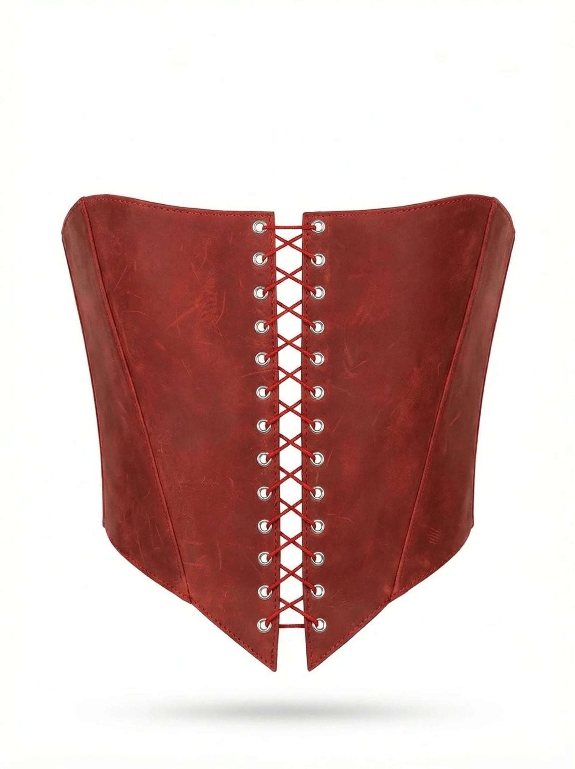 A red corset with a lace-up design and metal buttons.