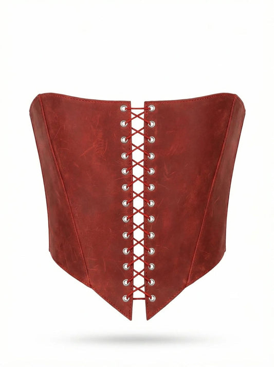 A red corset with a lace-up design and metal buttons.