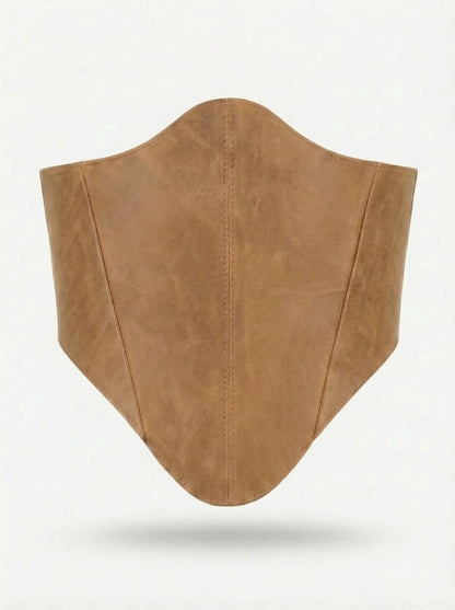 Beige long leather underbust corset belt on white background