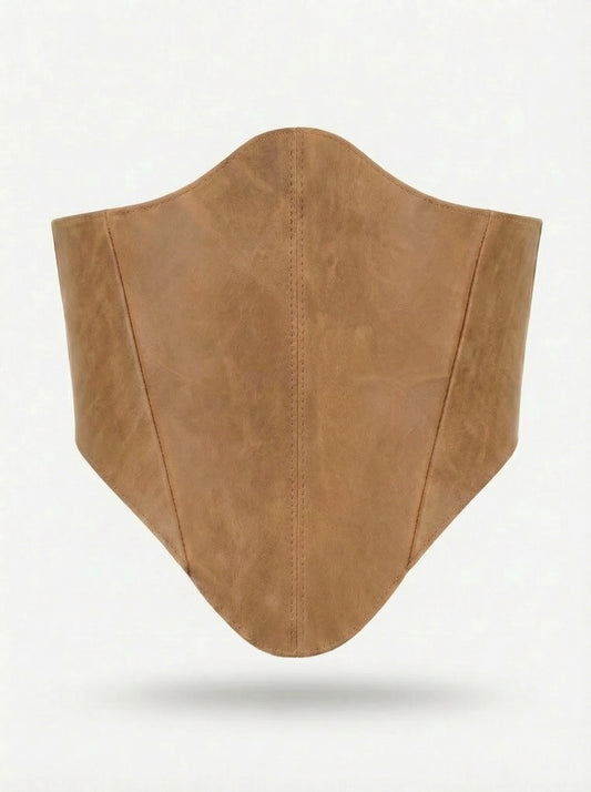 Beige long leather underbust corset belt on white background