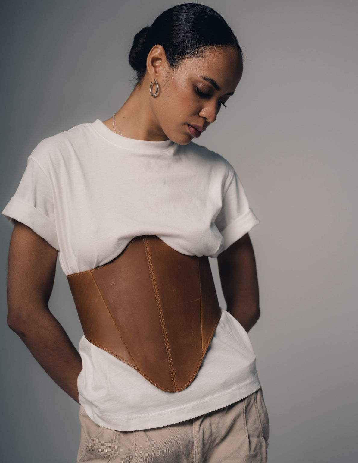 Beige long leather underbust corset belt side look