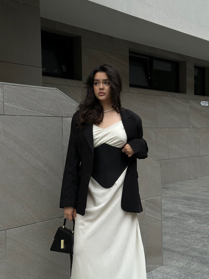 Urban look with black long leather underbust corset belt