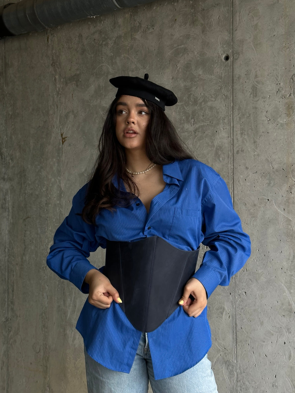 Blue long leather underbust corset belt adjusting detail