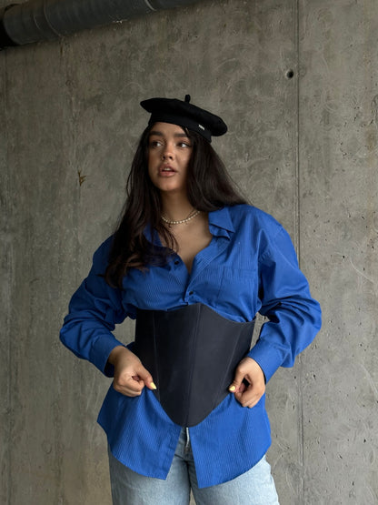 Blue long leather underbust corset belt adjusting detail
