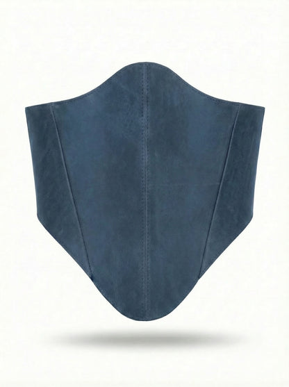 Blue long leather underbust corset belt on white background