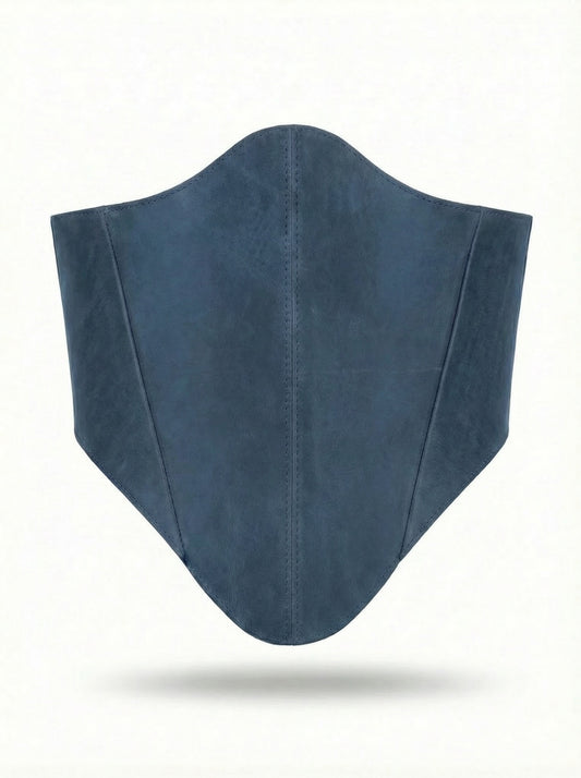 Blue long leather underbust corset belt on white background