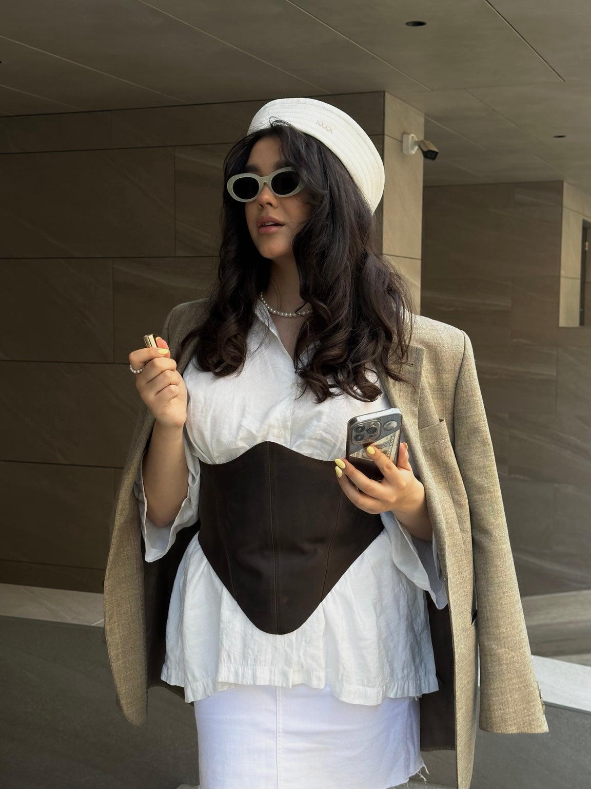 Brown long leather underbust corset belt close front styling