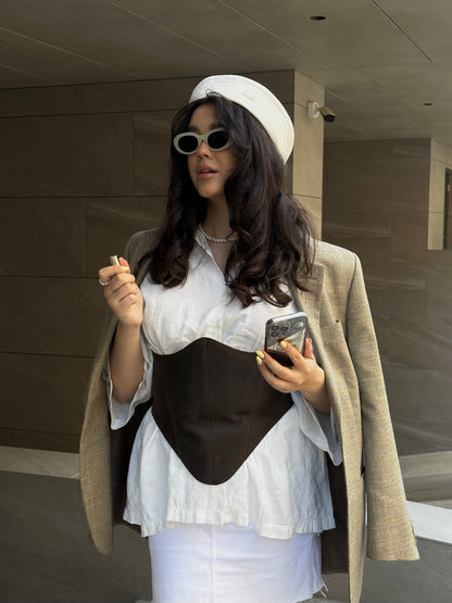 Brown long leather underbust corset belt close front styling
