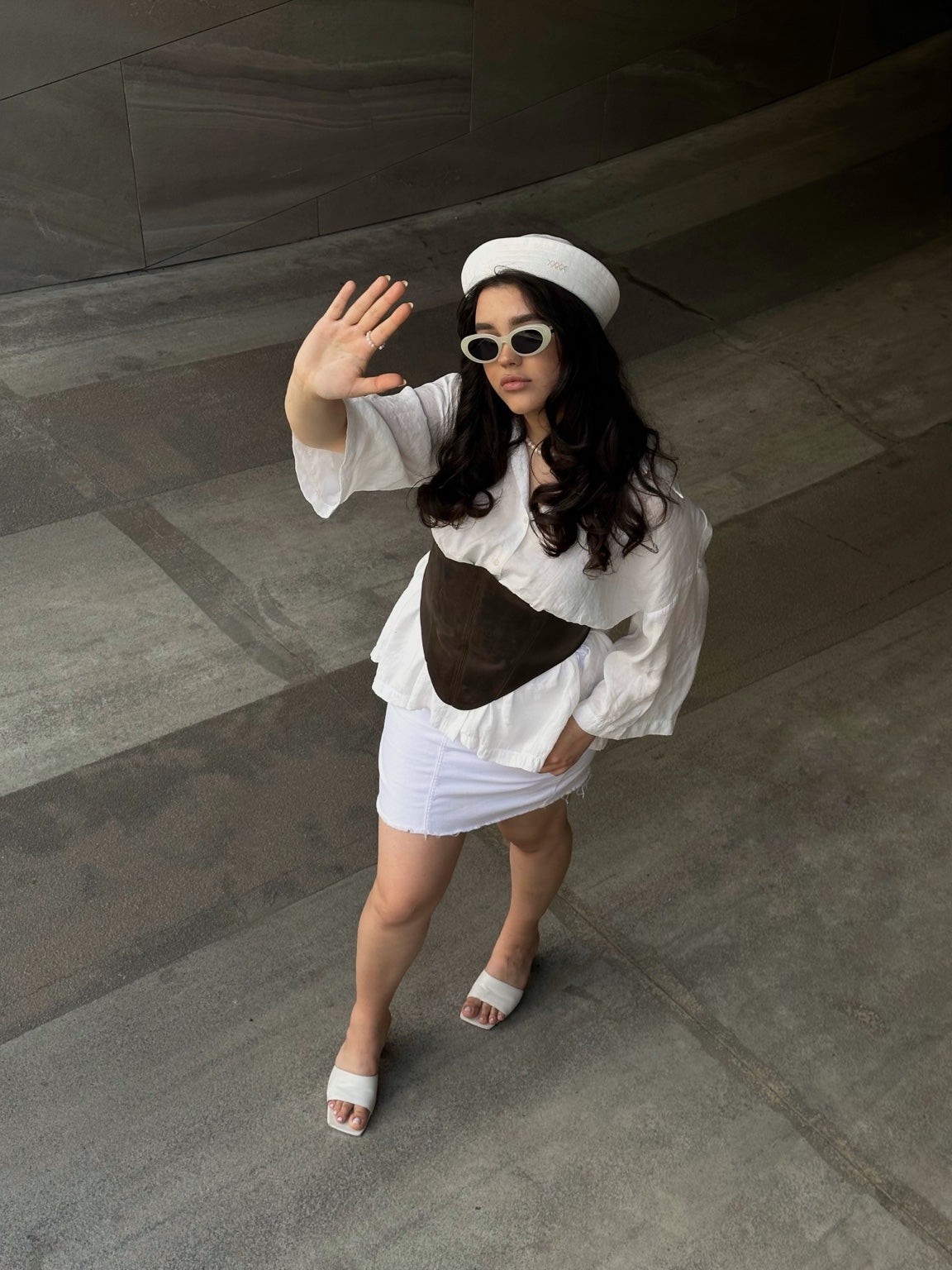 Full front outfit with brown long leather underbust corset belt