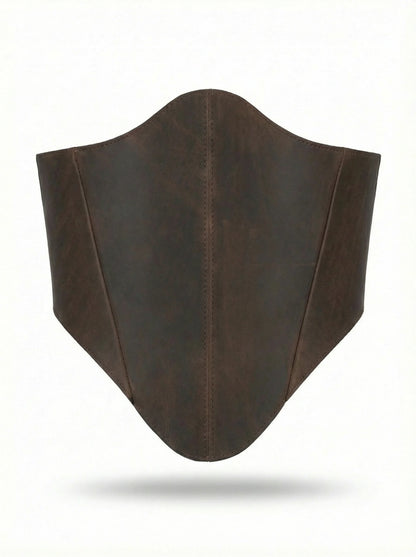Brown long leather underbust corset belt on white background