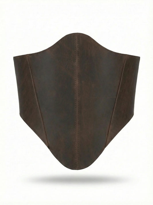 Brown long leather underbust corset belt on white background
