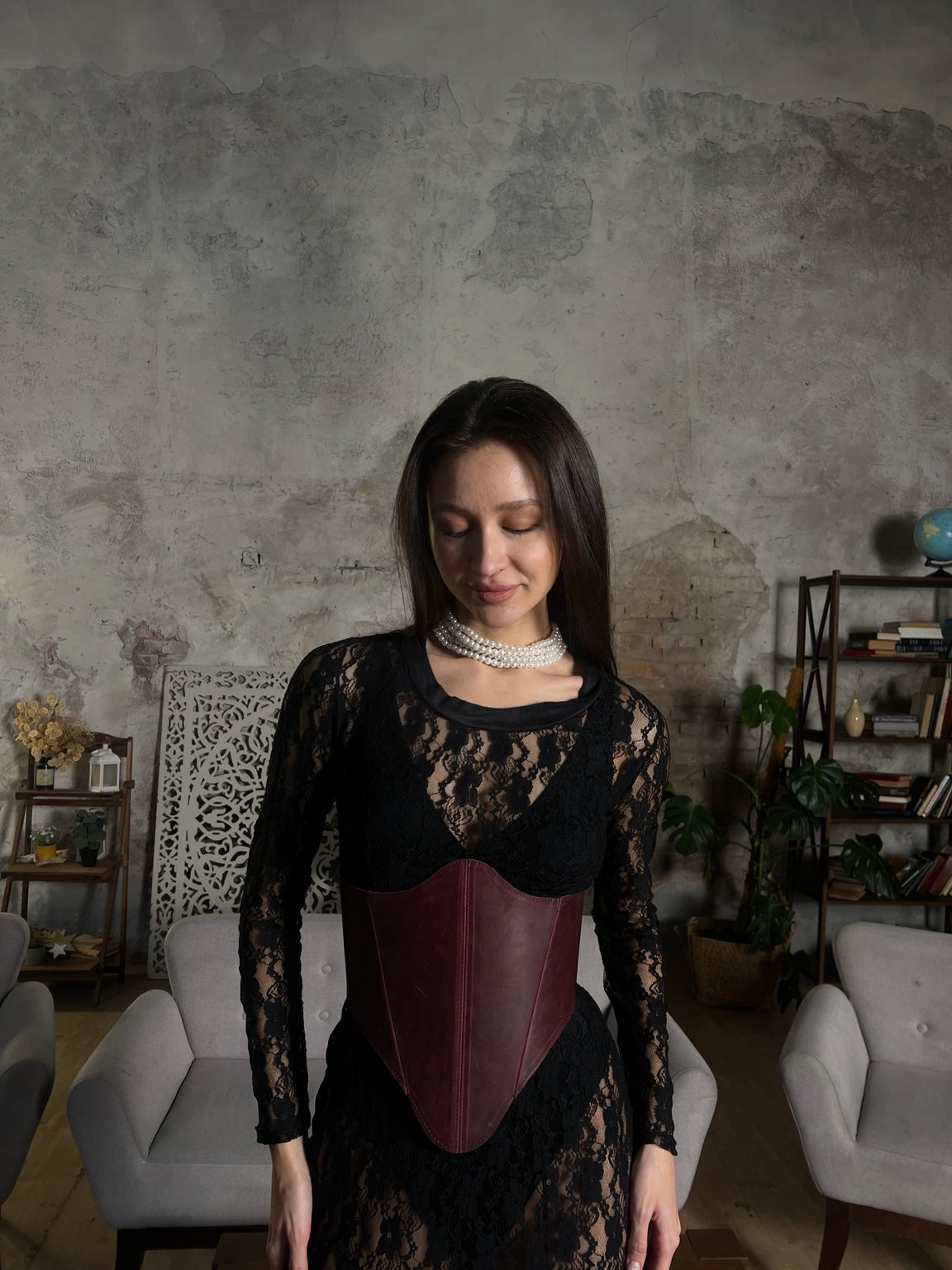 Burgundy long leather underbust corset front styling with black lace dress