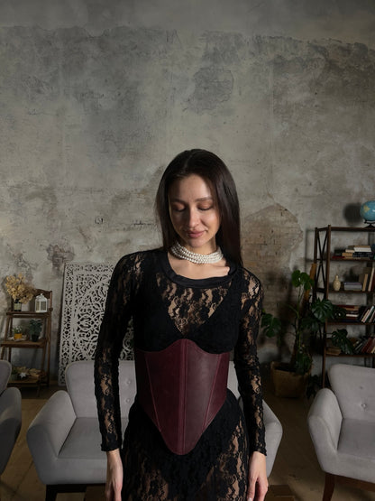Burgundy long leather underbust corset front styling with black lace dress