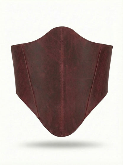 Burgundy long leather underbust corset belt on white background