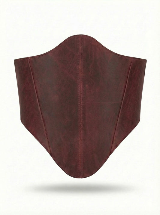 Burgundy long leather underbust corset belt on white background