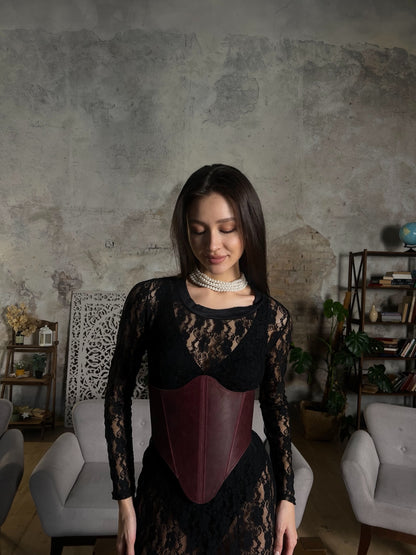 Burgundy long leather underbust corset with black lace outfit