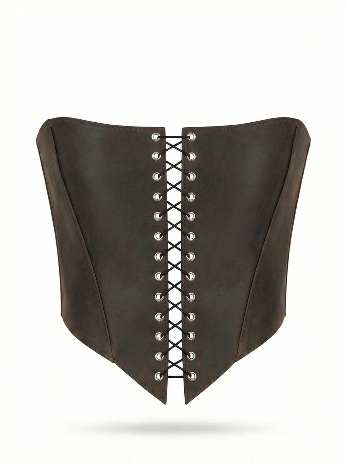 A brown corset with a lace-up design and a corset-style silhouette.