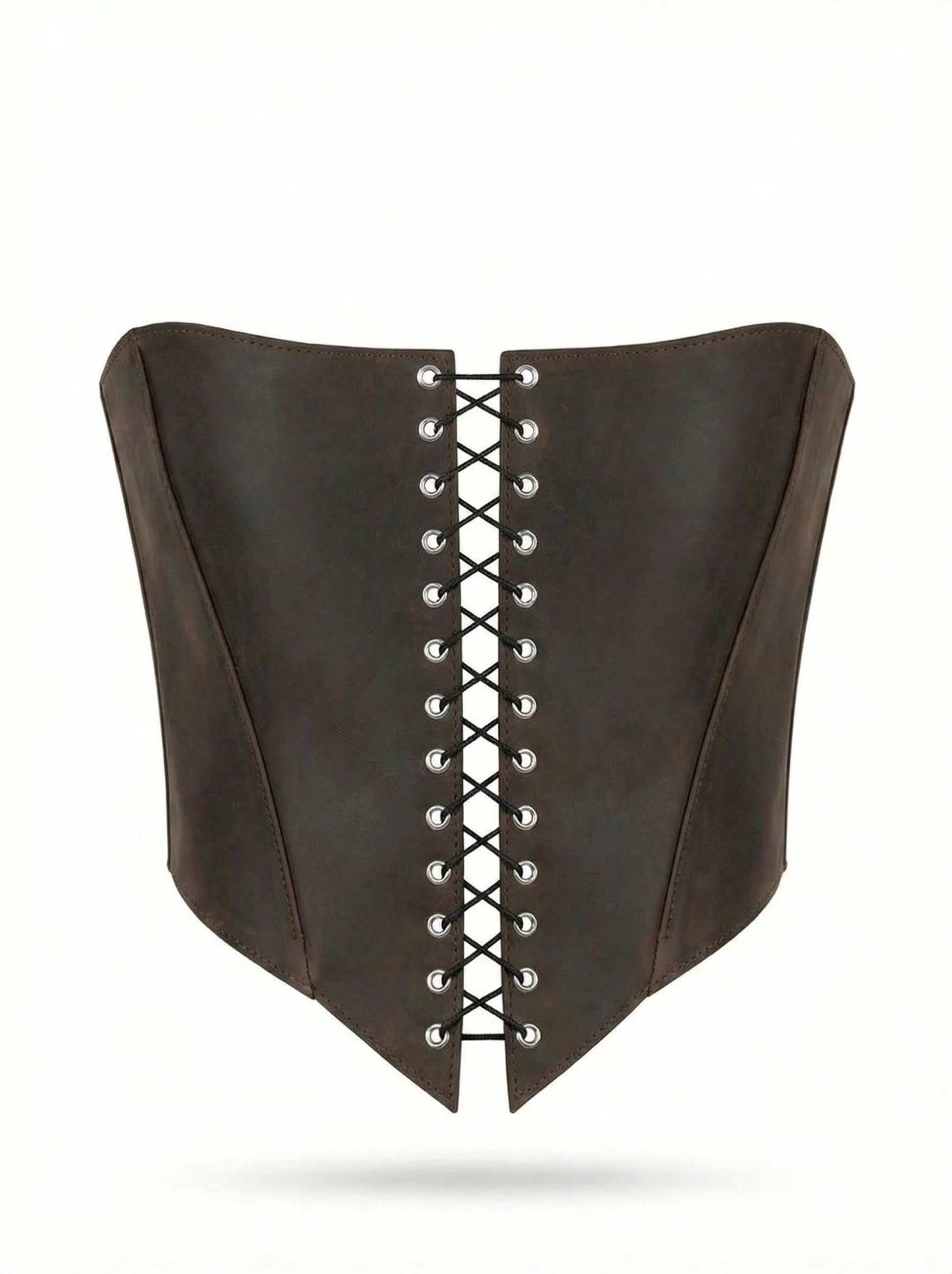 A brown corset with a lace-up design and a corset-style silhouette.