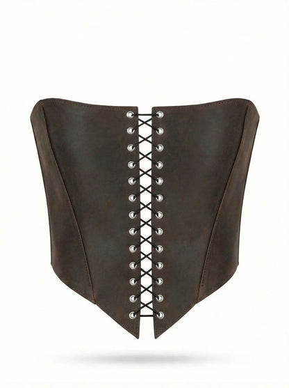 A brown corset with a lace-up design and a corset-style silhouette.