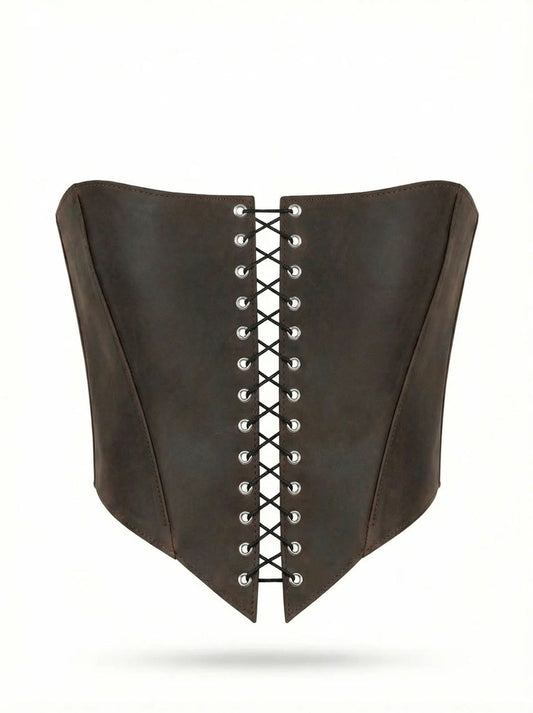 A brown corset with a lace-up design and a corset-style silhouette.