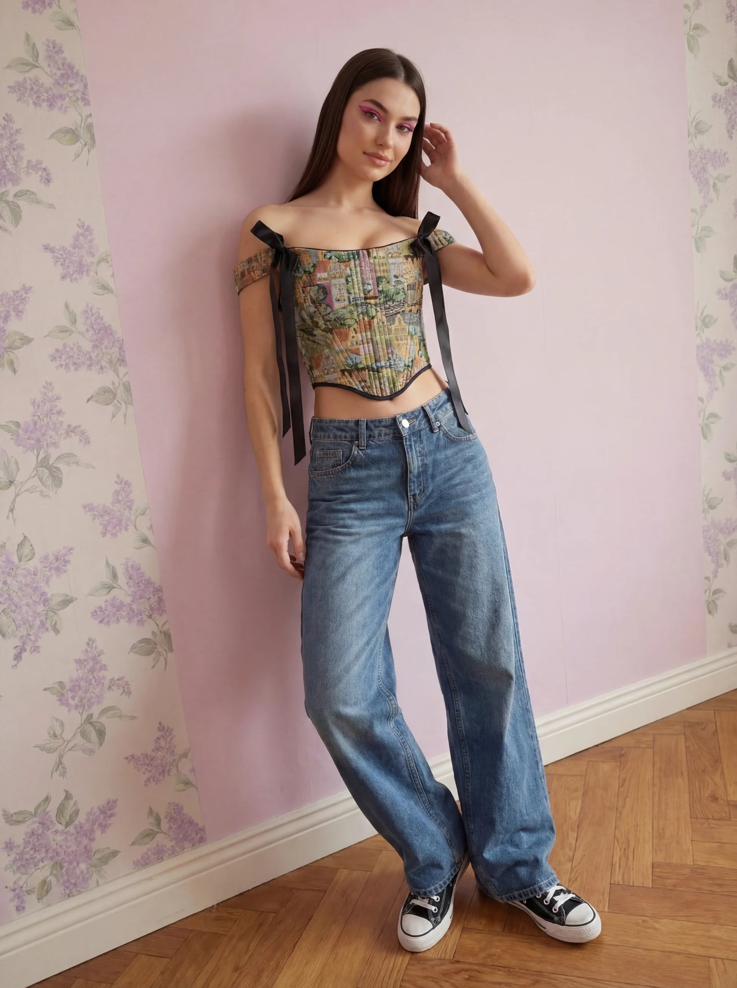 City print jacquard corset top angle view with black ribbon straps