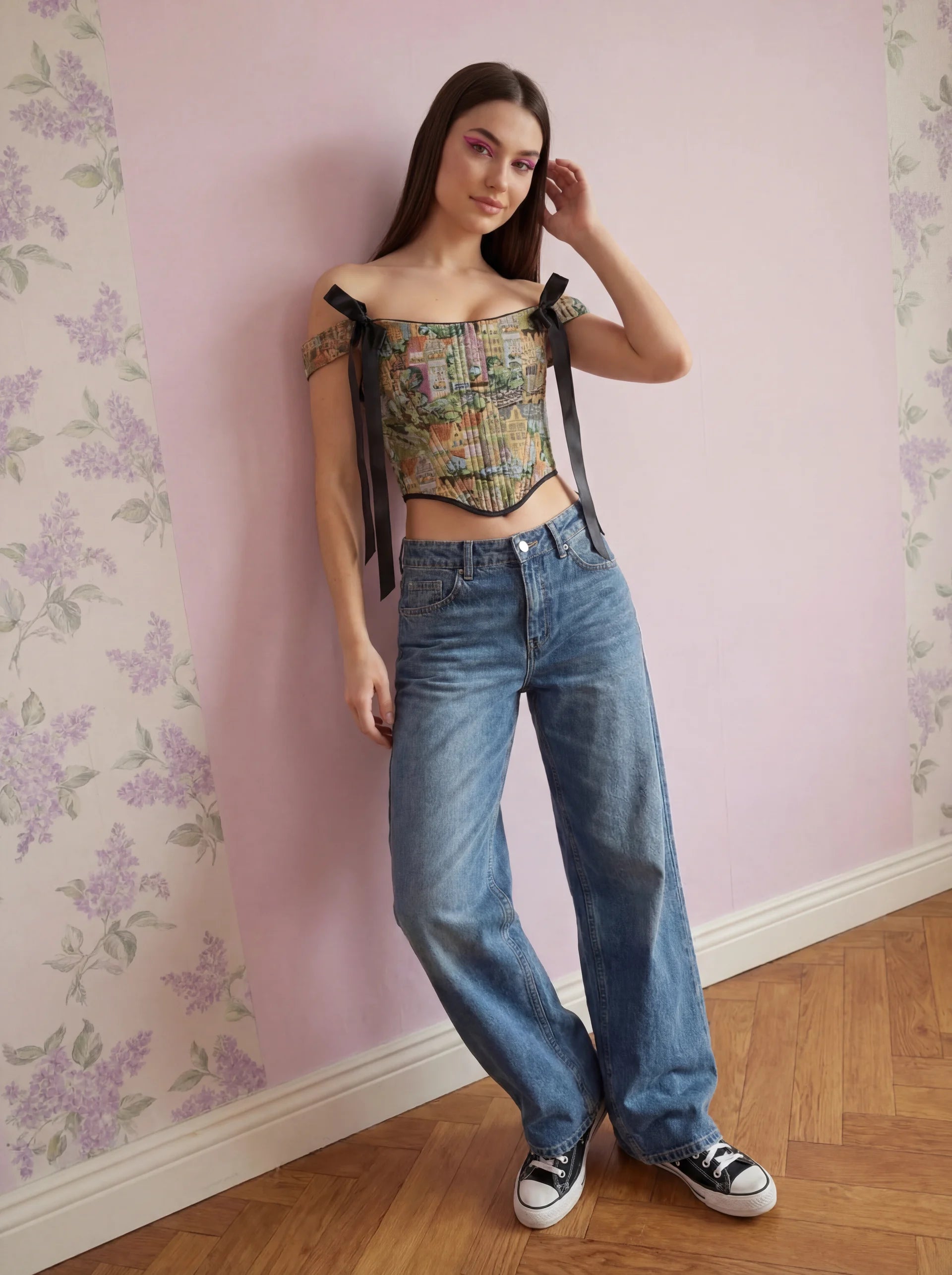 City print jacquard corset top angle view with black ribbon straps