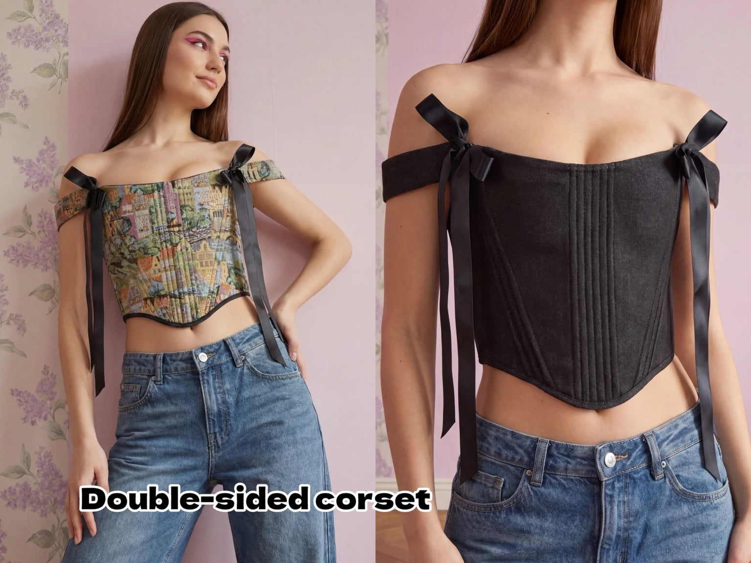 Black denim reverse side of reversible city print corset top
