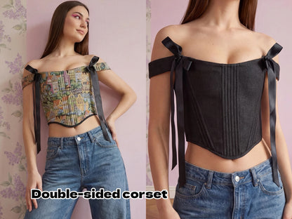 Black denim reverse side of reversible city print corset top