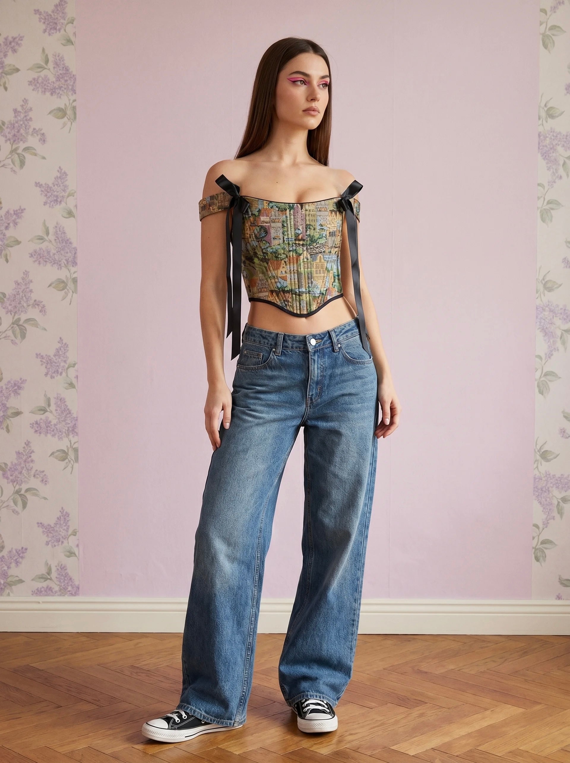 City print jacquard corset top styled with blue jeans