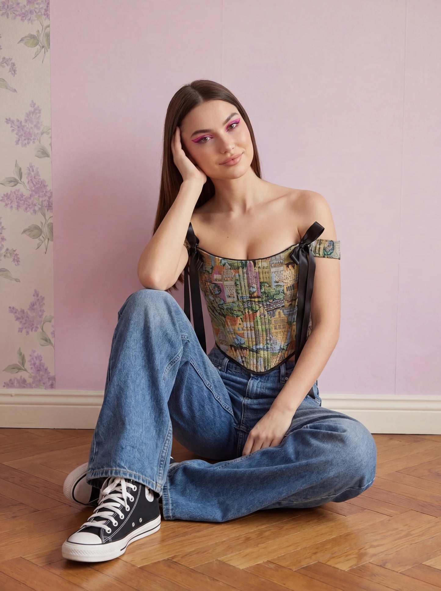 Double sided city print jacquard corset top with black denim reverse side