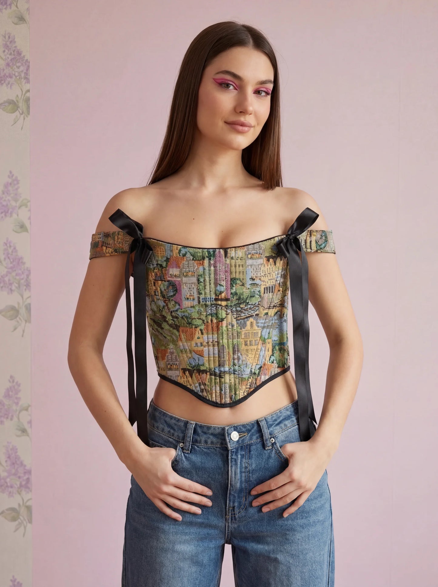 City print jacquard corset top front close up with black ribbons